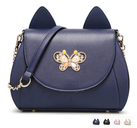 Womens PU Leather Cat Ears Handbag with Jeweled Butterfly Accent