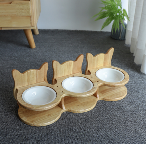 Solid Handcrafted Bamboo Wood Cat Feeder Stand with Bowls