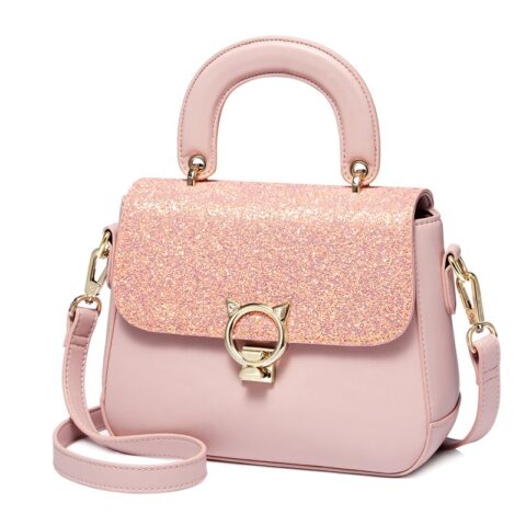 Pink PU Leather Ladie’s Crossbody or Shoulder Handbag with Bold Cat Head Hardware