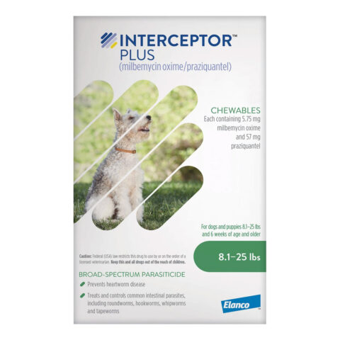 "Interceptor Plus Chew (Interceptor Spectrum) For Dogs 8.1 – 25lbs (Green) 12 Chews"