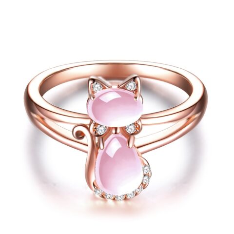 Rose Gold Color Cute Cat CZ Crystal Pink Opal Ring