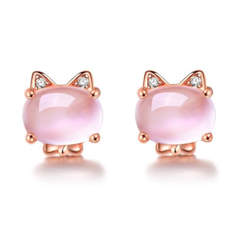 Rose Gold Color Cute Cat CZ Crystal Pink Opal Earrings
