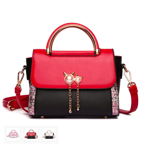 Crossbody Handbag with PU Leather Flap and Pearl Cat Head Accents
