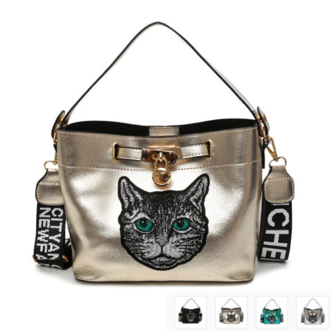 Metallic Embroidered Cat Face PU Pebble Texture Leather Shoulder Bag