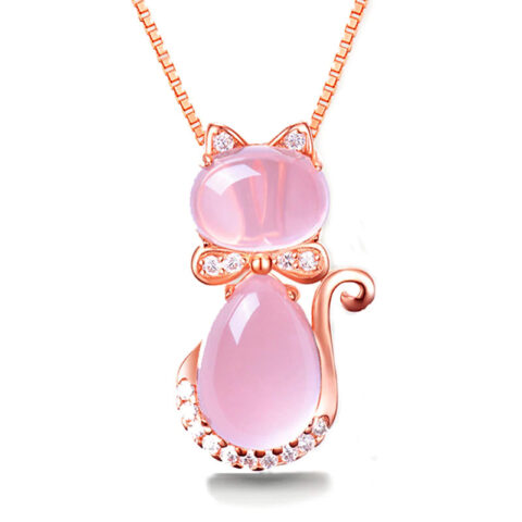 Rose Gold Color Cute Cat CZ Crystal Pink Opal Necklace