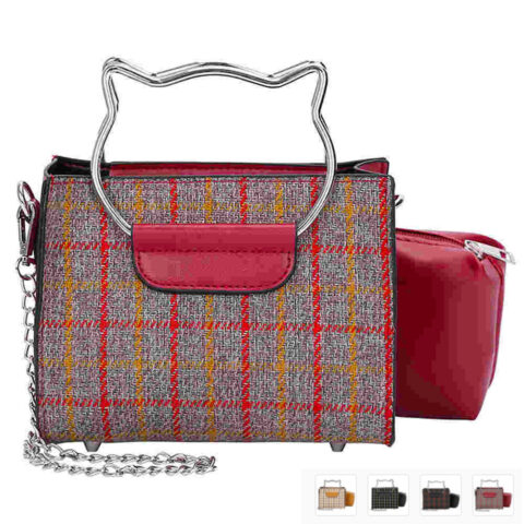 Designer Plaid Crossbody Handbag with Cat Head Handle & Matching Zip Bag