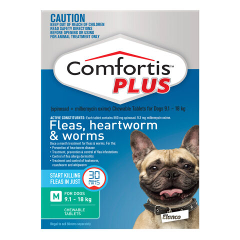 "Comfortis Plus For Medium Dogs 9.1-18 Kg (20.1 – 40lbs) Green 12 Chews"