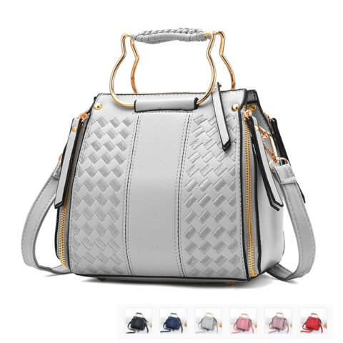 Basketweave PU Leather Ladies Shoulder or Crossbody Bag with Gold Cat Head Hardware
