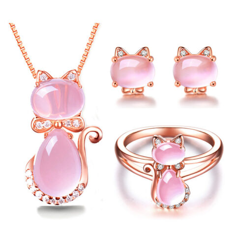 Rose Gold Color Cute Cat CZ Crystal Pink Opal Necklace, Ring and Earrings Set