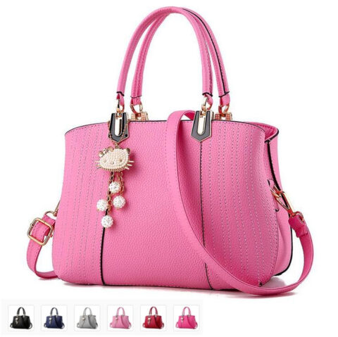 Pebble PU Leather Shoulder Bag with Pearl Encrusted Cute Cat Hanging Pendant